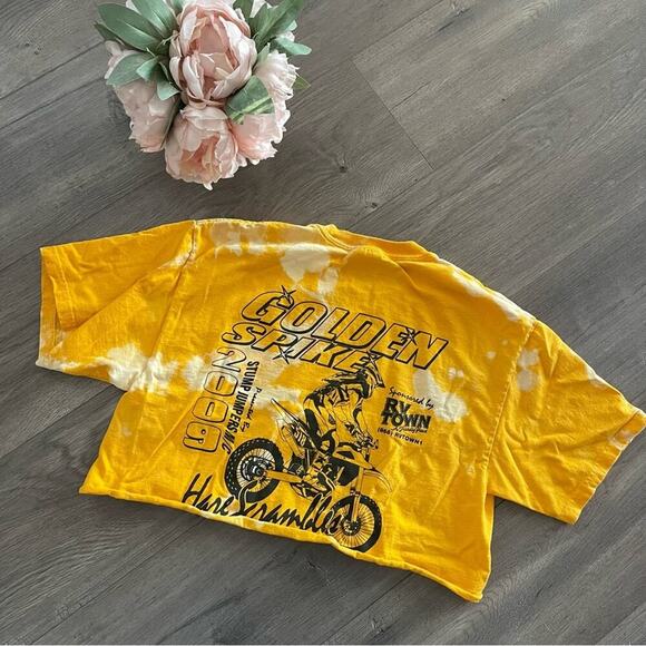 Golden Spike Dirt Bike Race Yellow Upcycle Bleach Cropped Top - Picture 1 of 2